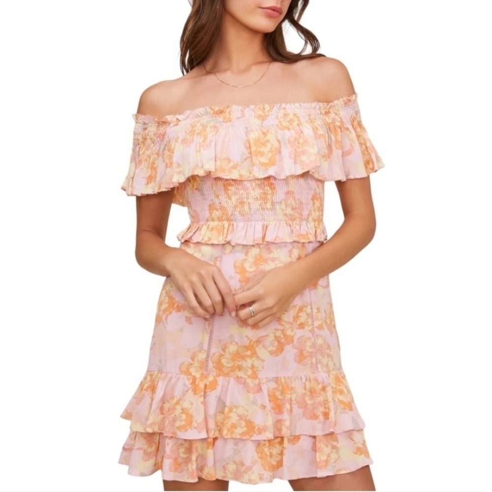 Astr Riveria Pink Papaya Floral Off The Shoulder Mini Dress